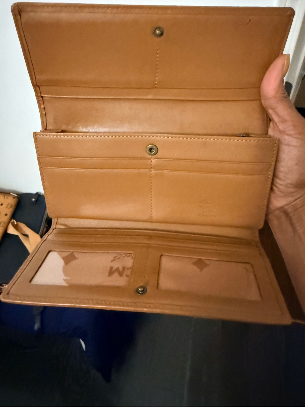 MCM Visetos Trifold Wallet in Cognac Brown with Dark Brown Trim - Picture 6 of 12